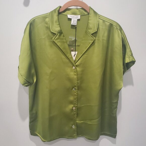 Rachel Zoe New Chartreuse Green Short Sleeve Satin Button Down Blouse  Large - Picture 3 of 9